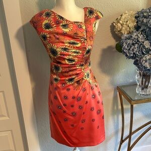 Kay Unger Coral Floral Asymmetrical Dress
